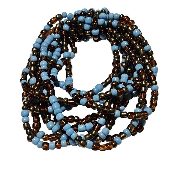 Handmade Multi Strand Seed Beaded Stretch Bracelet Light Blue Bronze Beads Women - Picture 1 of 4